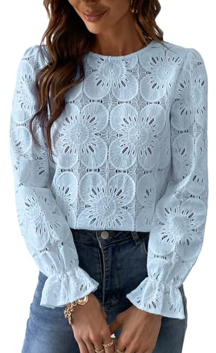 CUPSHE Chemisier Femme Chic en Dentelle Coton Guipure Haut Manches Longues Évasées T-Shirt Ajouré Motif Floral Élégant Blouse Bohème Vintage