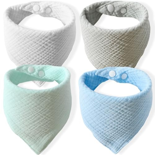 4 pièces bavoirs bébé écharpe triangulaire, bavoir en coton doux absorbant hypoallergénique,bébé mousseline foulard bébé garçon et fille,avec 2 bouton réglable
