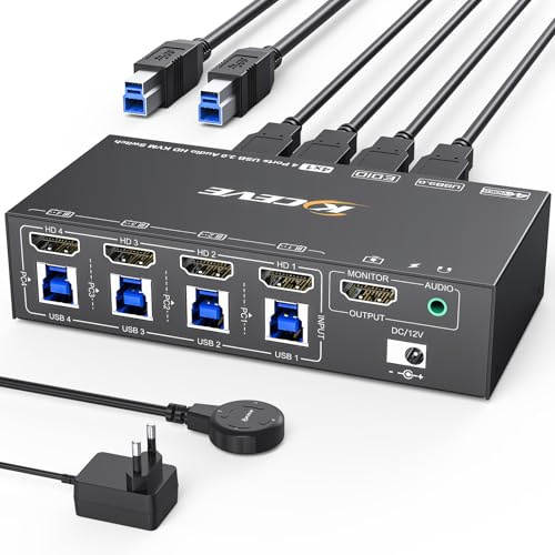 USB 3.0 KVM switch HDMI 4 portar 8K@60Hz, Camgeet 4 PC 1 skärm HDMI KVM switch, EDID-simulering, för 4 datorer delar 1 bildskärm och 4 USB 3.0-portar, med trådbunden fjärrkontroll, strömadapter
