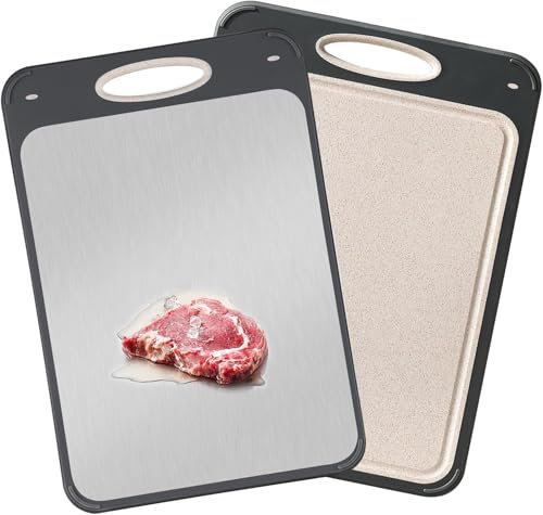 GUANCI Cutting Board for Kitchen Double Sided 304 Stainless Steel Chopping Board Food-Grade Stainless Steel and Wheat Straw PP Small Size 14”×9.6” Easy to Clean