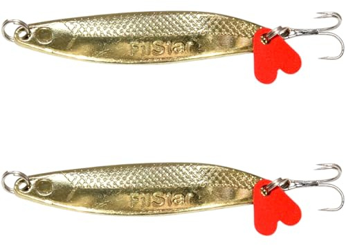 PRO FILSTAR Asymmetrical Trout Spoon Gold Set of 2 - Engraved Treble Hook Trout Bait - Blinker Trout & Predator Fishing Lure Set - Catfish & Pike Fishing Bait - Artificial Bait Wobbler (7.4 cm/10 g)