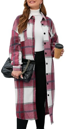 Jhsnjnr Damen Lässiges Flanellhemd Shacket Jacke Warm Oversize Wintermantel Button-Down Lang Karierte Hemdjacke