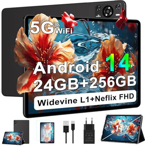 ZIOVO Tablet 11 Pulgadas Android 14, 24GB RAM + 256GB ROM (TF 1TB), Octa-Core 2.0GHz, 5G WiF Tablet, Widevine L1/8000mAh/13+5MP/GPS/BT5.0/Cuerpo Metálico, Tableta con Funda - Negro
