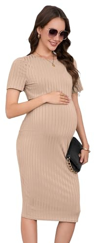 YesFashion Vestido de maternidad de verano de 2 piezas, conjunto de vestido de maternidad, manga corta, vestido sin mangas + camiseta corta, vestido de lactancia, vestido de maternidad, caqui, M