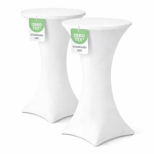 EXKLUSIV HEIMTEXTIL Stehtischhusse für Bistrotisch mit 4 verstärkten Fußlaschen elastisch Stretch Oeko-TEX Zertifiziert Ø 80-85x110-120 cm Weiss (2 Stück)