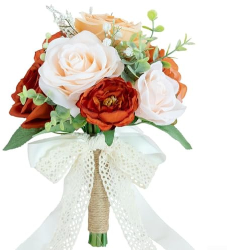 Sumsoctober Elegante bouquet da sposa con eleganti fiori di seta arancione bruciato e rose in terracotta per decorazione sposa damigella d'onore (arancione)