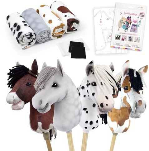 kullaloo DIY Stick Pferd Nähmaterial Kit ✦ Nähen Sie 4 realistische Hobbypferde mit unseren kuscheligen Stoffbahnen ✦ Inklusive Schnittmuster mit PES- & SVG-Dateien
