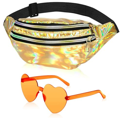LQTSLFM Sac Banane Années 80 Fluo, Lunettes de Soleil de Coeur, Sac Banane Holographique, Lunettes Fun, Sacs Bananes à Paillettes, Tenue Années 80 90 Accessoires Femme pour Festival, Carnaval, Soirée