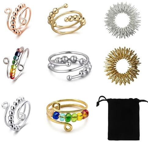 GWEOR Set med 8 justerbara ångestångestringar för att lindra stress och ångest, unisex, anti-stressring för kvinnor, med svart sammetspåse