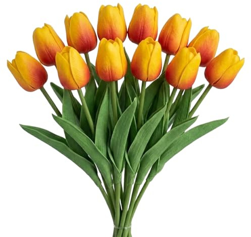 HIVTE 12 Tulipanes Artificiales Rojo Naranja | Tulipanes de Látex Tacto Real, Flores Artificiales Realistas para Boda | Decoración Mesa Salón Otoño, Ramo Flores Tonos Rojos Cálidos