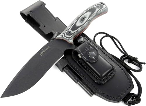 JEO-TEC Nº9 Coltello a Lama Fissa per Sopravvivenza Caccia Pesca Outdoor Campeggio, Lama 15,5 cm in acciaio inox Pavonado, Custodia, Fatto a mano in Spagna