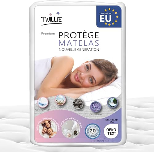 Twillie - Protector de Colchón 150 x 190 cm Impermeable - Hecho en Europa - Oeko-Tex® - Aegis® - Transpirable - Hipoalergénico, Anti-Bacteriano, Anti-Acaros - Cubre Colchón 100% Polialgodón Blanco