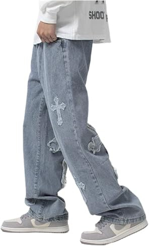 CzooM Jeans larghi da uomo con patchwork incrociato hip-hop, vestibilità ampia, pantaloni in denim dritti a gamba larga, streetwear, jeans Y2K, jeans casual con patch a punto croce (Color : Blue, Si