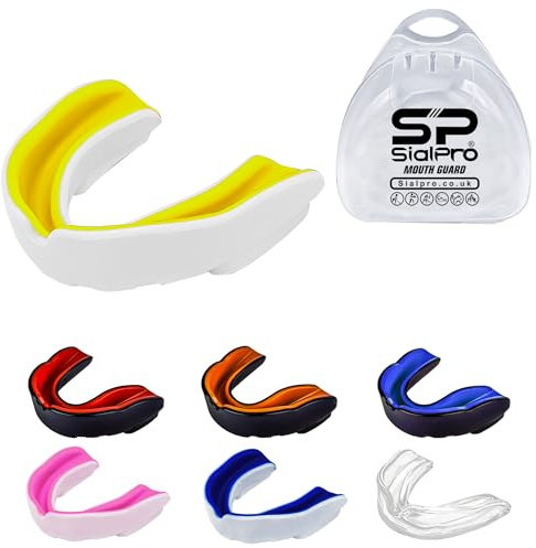 Double Layer Mouthguard Slim Fit, Senior Junior Gum Shield with Case for Boxing, MMA, Rugby, Martial Arts, Judo, Karate, Hockey and All Contact Sports (Adult (12+ Years), White-Yellow)