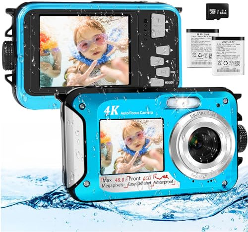 4K Unterwasserkamera mit 64GB Speicherkarte, 48MP wasserdichte Kamera mit Autofokus und Selfie HD Dual-Bildschirmen, 30 m wasserdichte Digitalkamera, Kinder Unterwasserkamera zum Schnorcheln (2