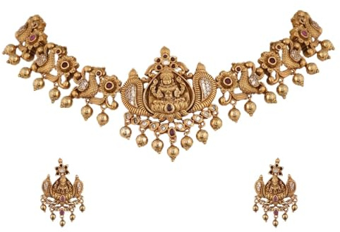 TARINIKA Brass Indian Choker Necklace Set - Gold Plated Cubic Zirconia Indian Jewelry Sets for Women Dangle, Drop, Jhumka Earrings Traditional Desi Necklace Pearls Gift for her (Sankha Antique)