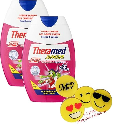2 X 75 ml Thera-Med-JUNIOR ☼ 2-in-1 mit Erdbeer-Geschmack ▐ Zahnpasta & Mundwasser in einem! ▌ Kinder-Mundspülung Kinder-Zahncreme toothpaste & mouthwash + 1 Gratis Radierer von ManyMore*