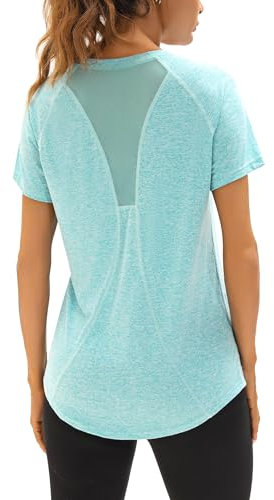 Wayleb Womens Workout Top Gym V Neck Running Wear Short Sleeve Dry Fit T-Shirts Moisture Wicking Athletic Fitness Tee Exercise Yoga Tops Lake Blue