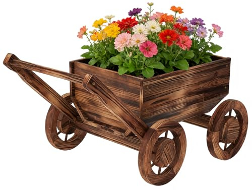 Wooden Flower Cart with Wheels Wooden Wagon Planter Outdoor Garden Planter Decor Planter Kit for Patio Balcony Trolley Decoration Succulent Flower Pot, Indoor Backyard Balcon Decor（Small）