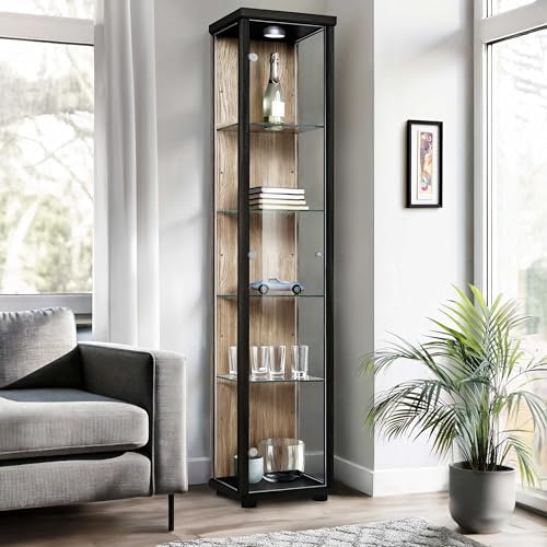 K-Möbel Glasvitrine Stehend (176x37x33cm) - Made in Germany - Vitrinenschrank Schwarz/Sonoma Eiche mit 4 höhenverstellbaren Glasböden & LED - Vitrine Glas stehend - Glasschrank - Cabinet