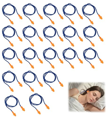Lot de 20 Paires de Bouchons d'Oreilles en Silicone Réutilisables avec Cordon, Protection Auditive avec Réduction du Bruit pour le Sommeil, bouchon d'oreille anti bruit,Travail et Sécurité, Bleu