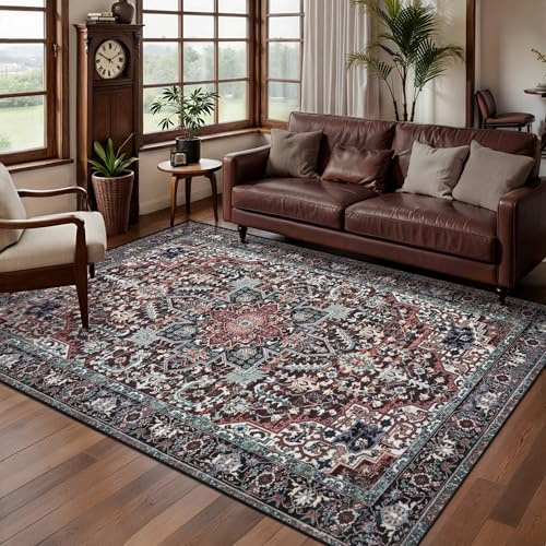 SERISSA 4x6 Rugs for Living Room, Washable Non-Slip Vintage Area Rugs for Bedroom, Soft Low-Pile Oriental Indoor Carpet for Dining Room Home Office Bathroom Nursery Entryway Kitchen, Red/Multi