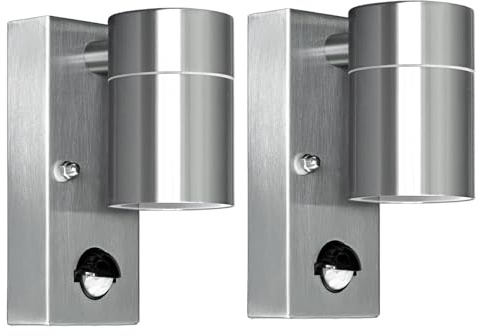 Kerry Outdoor Wall Light with Sensor, Downlight, Mains Powered, 2 Pack | Modern Silver Stainless Steel Design, Spotlight, IP44, Adjustable PIR Motion Detection, GU10 Bulb, Not Included