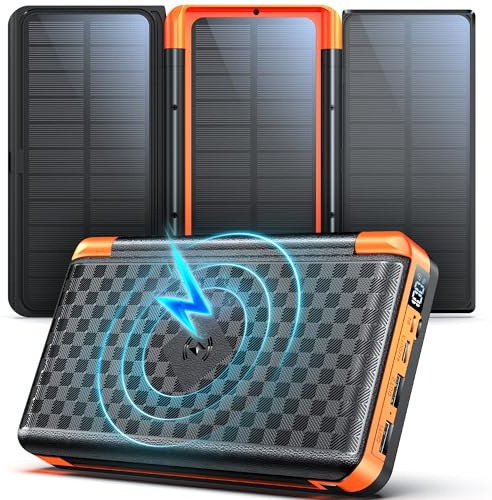 Power Bank 63200 mAh: Ricarica Rapida PD da 22,5 W, 5 Uscite, Caricabatterie Portatile Senza Fili con 3 Pannelli Solari Pieghevoli, Torcia, Display, Caricabatterie Solare ad Alta Capacità per