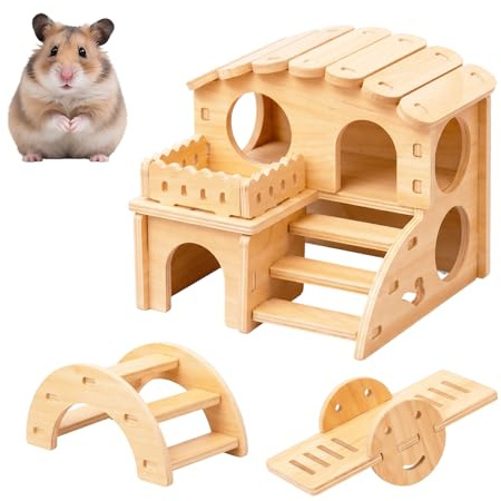 3 Pcs Hamster House, Wooden Hamster Hide with Seesaw & Arch Bridge