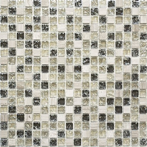 Mosaik kvadrat kristall/stenblandning grågrön glasmosaik genomskinlig 3D, mosaiksten format: 15 x 15 x 8 mm, bågstorlek: 305 x 305 mm, 10 ark