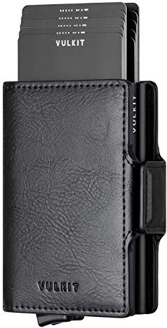 VULKIT Porta Carte di Credito Schermato Tascabile Portafoglio Uomo Piccolo Sottile Pelle Pop Up Custodia Doppio con 2 Slot per Carte e Banconote, Nero