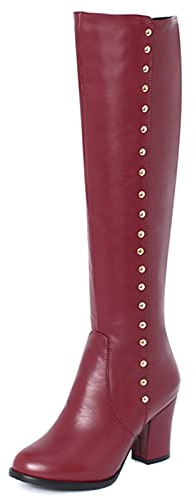 Onewus Botas de mujer hasta la rodilla con tacón grueso y punta redonda, Pu Vino, 38 EU