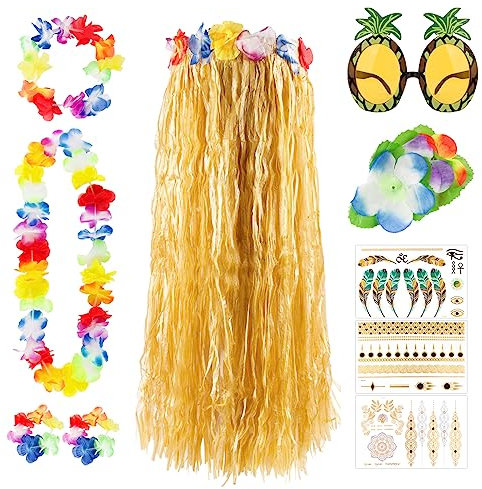 Costume Hawaïen Femmes Jupe Hula Herbe Déguisement Guirlande Collier Bracelet Elastique Pince Cheveux Bandeau Fleurs Lunettes Ananas Tatouage Décoration Tropicale Fête Eté Luau Plage Carnaval