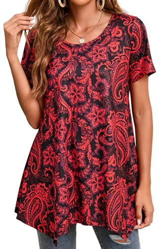 Enmain Tunica Donna Maniche Corte Maglietta Paisley Floreali Bluse Cime Lunga e Ampia Elegante Scollo Tondo Magliette con Volant,Rosso,3XL