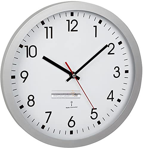 TFA Dostmann Analoge Funk-Wanduhr, 60.3522.02, mit Sekundenzeiger, Glasabdeckung, großes Ziffernblatt, 30cm Durchmesser, Silber mit Batterie