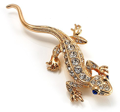 Spilla a forma di lucertola con occhi neri (color oro), Misura unica, Nessun tipo di metallo, Diamante