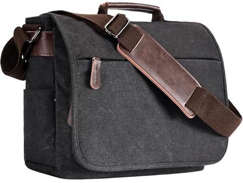 Eshow Umhängetasche Herren Wasserabweisend, Laptoptasche 15,6 Zoll aus Echtleder und Canvas, Messenger Bag Arbeitstasche Schultertasche Vintage für Arbeit Uni Freizeit Büro Schwarz