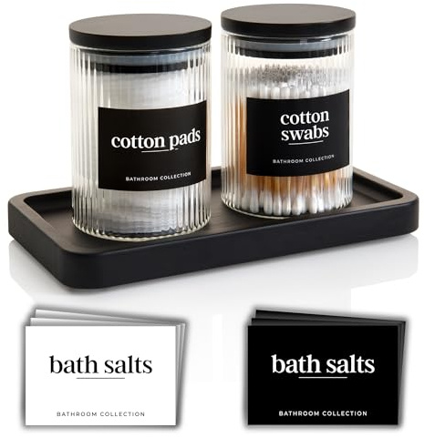 Mason & Fable Ribbed Glass Bathroom Jars with Airtight Black Bamboo Lids | Cotton Pad/Buds/Q tip Holder | Bath Salt/Small Makeup/Clear Vanity Apothecary Storage Canister (10oz-300ml x2 & Tray)