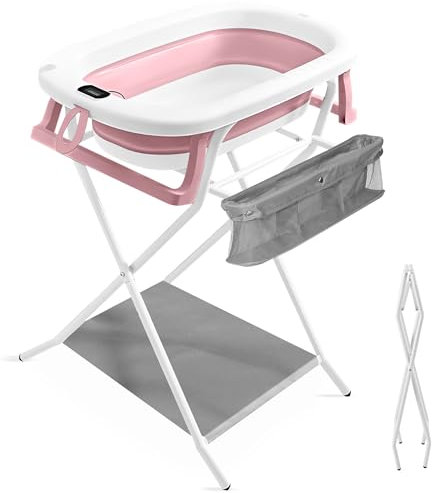 JUPPLIES Bañera Plegable Bebé con Estructura Metálica y Tubo de Drenaje - Bañera con Cojín Ergonómico, Patas Antideslizantes y Termómetro Digital (Rosa)