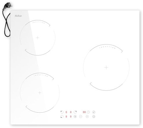 Hobsir Plaque Induction 3 Feux avec Prise, Blanc Table de Cuisson électrique 60CM, 3500W, Fonction Boost, Verrouillage de Sécurité, Commande Tactile, Minuterie de 99 Minutes, 230V