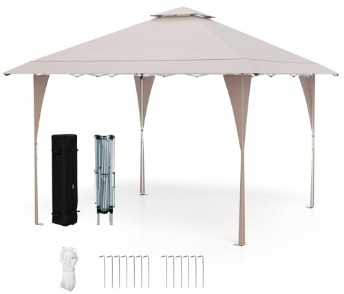 COSTWAY Pop Up paviljong 4 x 4 m, trädgårdspaviljong justerbar höjd med dubbelt tak och metallram, vattentät och stabil, vikbar paviljong inkl. bärväska, trädgårdstält för terrass, trädgård (kaki)