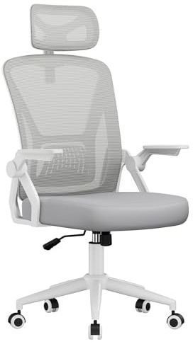 naspaluro Sedia da Ufficio,Con Braccioli Ribaltabili a 90°,Sedie Scrivania Ergonomica Lombare, Con Poggiatesta, Rivestimento in Rete Traspirante, Sedia Girevole a 360° Con Funzione Swing,Grigio