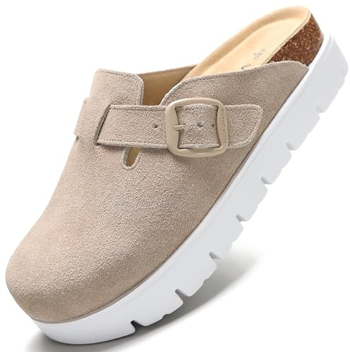 VLUUKUPFASIN Genuine Suede Clogs for Women Platform Shoes，Leather Comfort Potato Shoes Chunky with Arch Support, Casual Trendy Shoes Mules for Women(Sand-8)