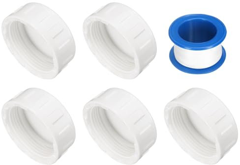 sourcing map 5Pcs 1-1/2 Inch PT Female Thread PVC Pipe Fitting Cap, Cleanout Water Drain End Caps, Pipe Plug Socket Fittings with Tape for Water Heater Supply Lines, Plumbing, White