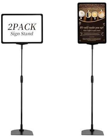 WeeGoo 2 Pcs Adjustable Poster Floor Stand A4, Sign Holder Stand with Iron Base Vertical and Horizontal, Tabletop Sign Display Holder for Advertising Business Menu Notice (Black)