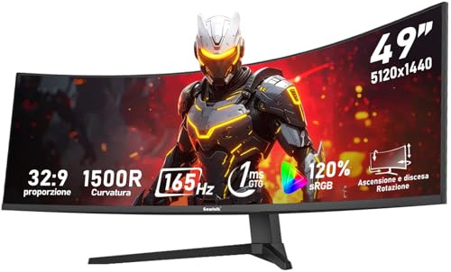 Gawfolk Monitor Gaming Curvo Ultra-Wide da 49 Pollici, 1500R, DFHD (5120×1440), 165Hz, 1MS, FreeSync, 120% sRGB, Schermo PC Regolabile in Altezza, Interfacce HDMI2.1 & DP1.4, VESA 75 * 75mm-Nero
