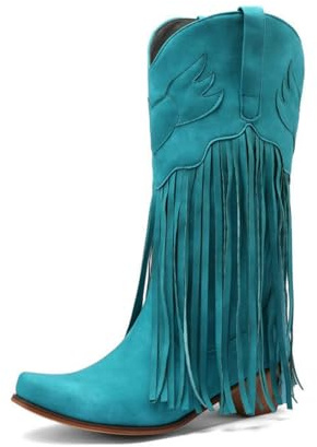 ENEN Cowboy Boots for Women Wide Calf Size 5-10.5 Mid Calf Cowgirl Boot Comfortable Chunky Heel Western Wedding Shoes Vintage Tassels Cow Boy Booties for Country Music