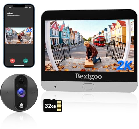 Bextgoo Spioncino Digitale WiFi, 2K Videocitofono WiFi, Display 4,3 Pollici, Batteria 8000mAh, Visione 170°, Visione Notturna, Rilevamento Umanoidi AI, Audio Bidirezionale, Scheda da 32 GB Inclusa