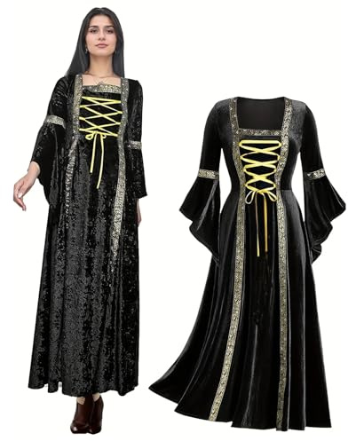 JDFAIJEAL Abito da donna retrò medievale con maniche a tromba, abito medievale in velluto vittoriano, abito rinascimentale irlandese, carnevale, Halloween, feste da principessa, Nero , XL