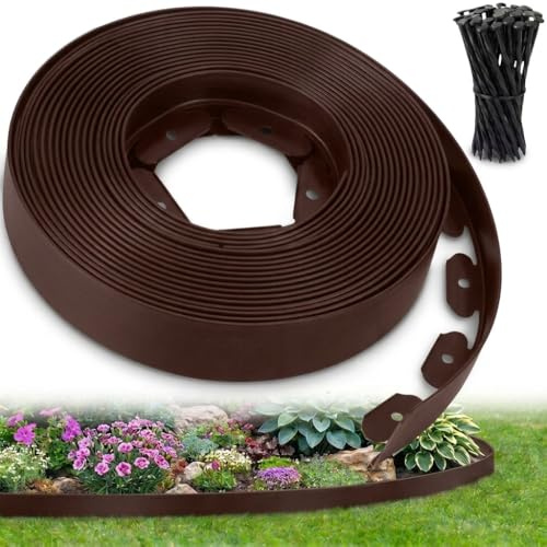 Ediesi, Bordura Jardín Exterior, 20 m, Flexible, Borde plástico Resistente 5 mm, borduras para delimitador césped, Caminos fácil instalación con 60 Piquetas (Marrón, 20 Metros)